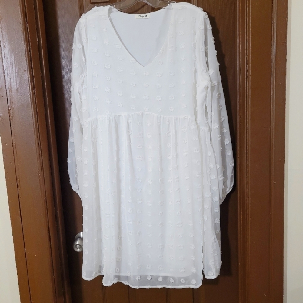WHITE long sleeve babydoll Swiss dot lined dress